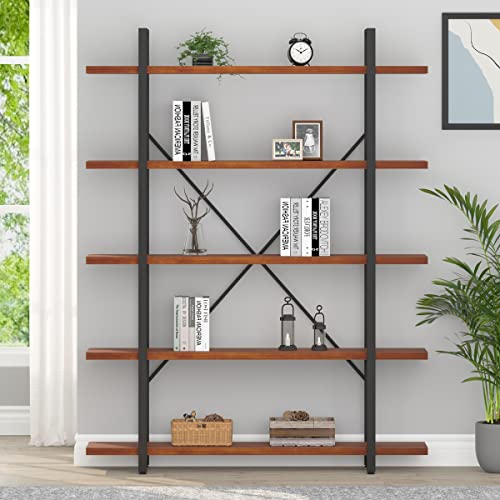 HSH Solid Wood 5 Shelf Bookshelf, Industrial Real Natural Wood Tall Etagere Bookcase, Modern Large Open Wide Big Metal Book Shelf with 5 Tier Storage