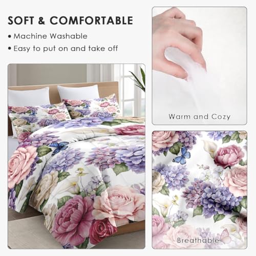 WeCozy Twin Size Comforter Set with Pillowcase, Painting Floral Rose Flower Hydrangea Soft 2 Pcs Bedding for Kids and Adults Bedroom Bed Decor WeCozy