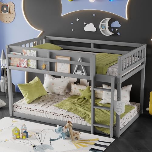 Duxelifin Twin Low Bunk Beds for Kids, Wooden Bunk Bed Frame Twin Over Twin, Convertible Floor Bunk Bed with Storage Shelf & Ladder, No Box Spring Needed (Grey) Duxelifin
