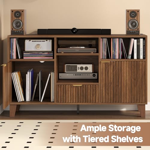 knoworld Large Record Player Stand with Vinyl Storage, Mid Century Modern Turntable Cabinet with Charging Station & Power Outlet, Wooden Storage Cabinet for Living Room and Bedroom (Walnut knoworld