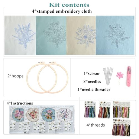 Myfelicity Embroidery Kit, 4 Flower Pattern Embroidery Set with 4 Patterns and 2 Hoops, Adult and Beginner Needlepoint Kit with Embroidery Floss, Needles, Cotton Fabric and Instructions… Myfelicity