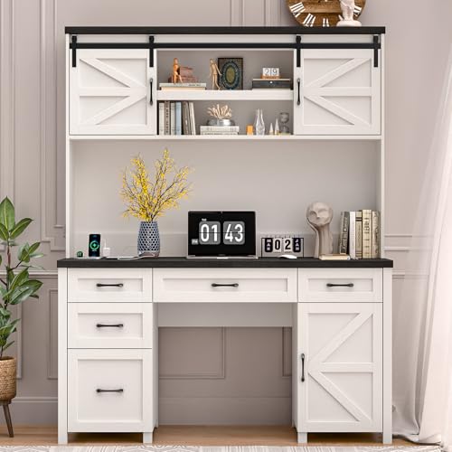 Farmhouse 67" H Executive Desk with Hutch,Office Desks with 5 Drawers, Computer Desk with Storage Cabinet & File Drawers and Charging Station, Wood Workstation for Home Office and Study.(Black). Halitaa