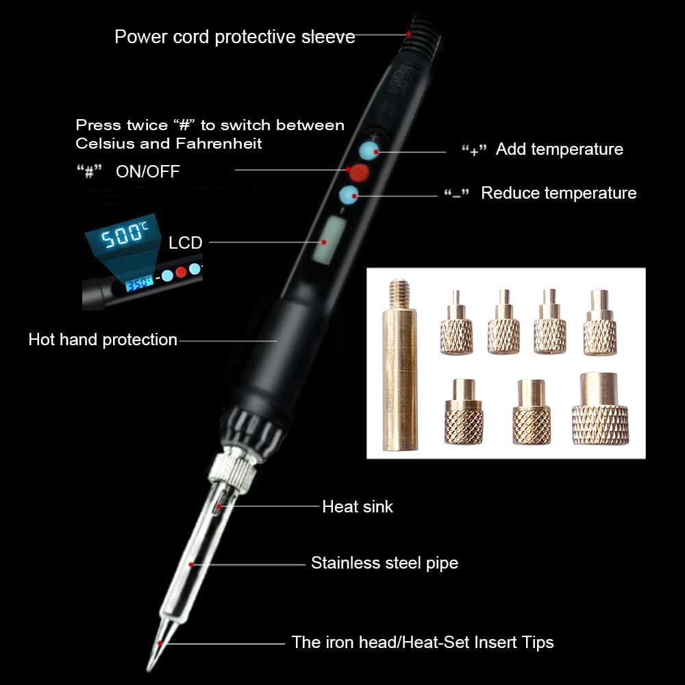60W Digital Soldering Iron Heat Set Insert Tool with Heat Set Insert Tips and 100 Pcs M3x4x4.2 Threaded Inserts … Cxydm