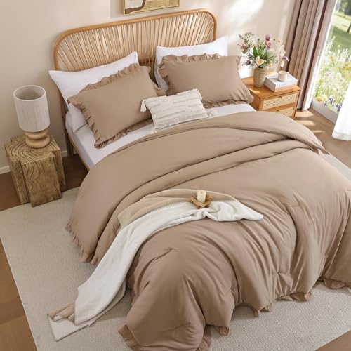 JANZAA Queen Ruffled Comforter Set 3PCS (1 Taupe Comforter Set and 2 Pillowcases) Vintage Farmhouse Shabby Chic Bedding Soft Fluffy Bed Set All Season JANZAA