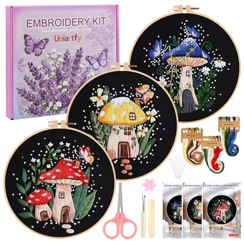 Uniartfy 3 Sets Embroidery Kit for Adults Beginners, Needlepoint Kits Cross Stitch, Hand Embroidery Starter Kit with Mushroom Stamped Patterns, Hoop, Tools, Colorful Threads with Needles, Instructions