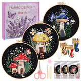Uniartfy 3 Sets Embroidery Kit for Adults Beginners, Needlepoint Kits Cross Stitch, Hand Embroidery Starter Kit with Mushroom Stamped Patterns, Hoop, Tools, Colorful Threads with Needles, Instructions