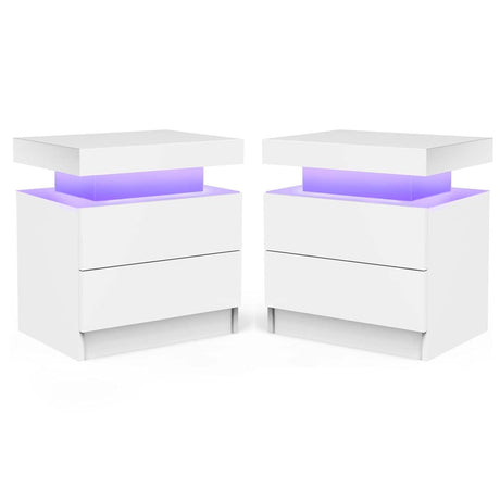 Generic Nightstand LED Set of 2 Bedside Table LED Cabinet with LED Lights Modern End Side Table with 2 Drawers for Bedroom (White), 13D x 19W x 20H in (JCFDB) Generic