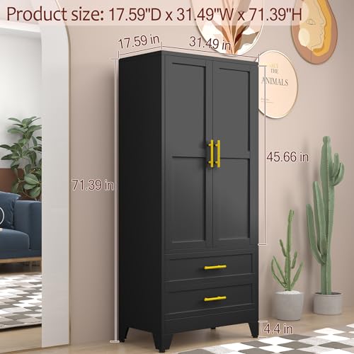 Metal Wardrobe Closet with 2 Doors & 2 Drawers, 71" Tall Armoire Wardrobe Closet with Hanging Rods and Adjustable Shelf, Steel Wardrobe Storage Cabinet for Bedroom-Black