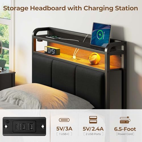 Rolanstar Bed Frame Twin Size with Charging Station and LED Lights, Upholstered Headboard with Storage Shelves, Heavy Duty Metal Slats, No Box Spring Need, Noise Free, Easy Assembly, Dark Grey Rolanstar