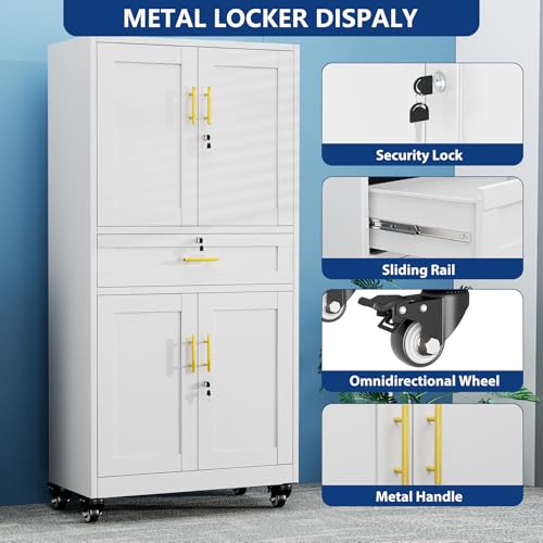 Ckzbx Metal Garage Storage Cabinets with Locking Doors and Adjustable Shelves, Tool Cabinets on Wheels, 75" H Heavy Duty Storage Organizers with Drawer for Garage Warehouse (White) Ckzbx