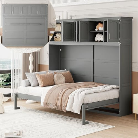 Merax Modern Murphy Cabinet Bed with Top Cabinets, Solid Wood Wall Platform Bed/No Box Spring Needed/Easy Assemble Full,Gray Merax