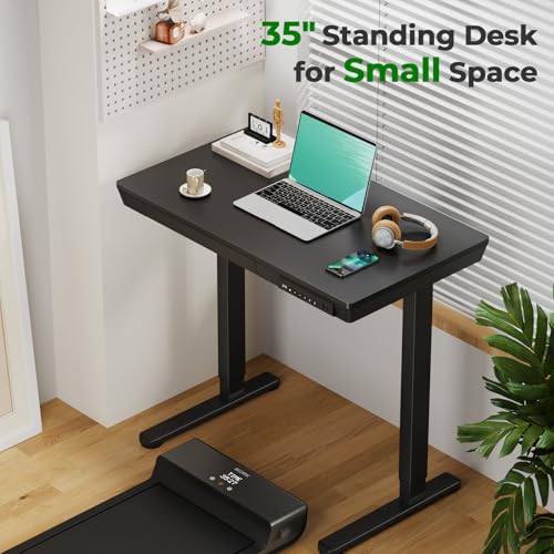 JYLH JOYSEEKER Small Standing Desk with Drawer, 35" x 20" Whole Piece Tabletop Electric Sit Stand Table, Height Adjustable Desk with Storage & USB Ports, Quick Install Home Office Computer Desk, Black JYLH JOYSEEKER