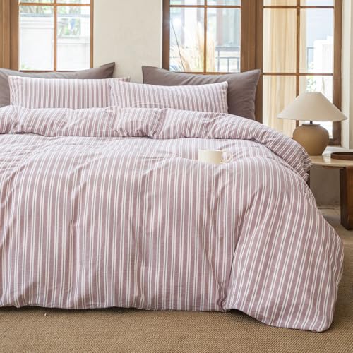 BESTDESIL Striped Duvet Cover Set 100% Washed Cotton Linen Like Soft Feelling Breathable Bedding(Dusty Purple,Full) BESTDESIL