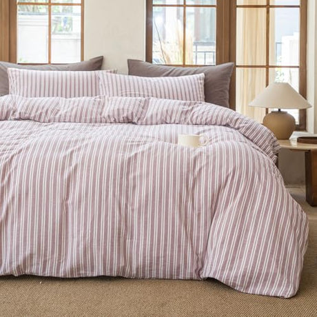 BESTDESIL Striped Duvet Cover Set 100% Washed Cotton Linen Like Soft Feelling Breathable Bedding(Dusty Purple,Full) BESTDESIL