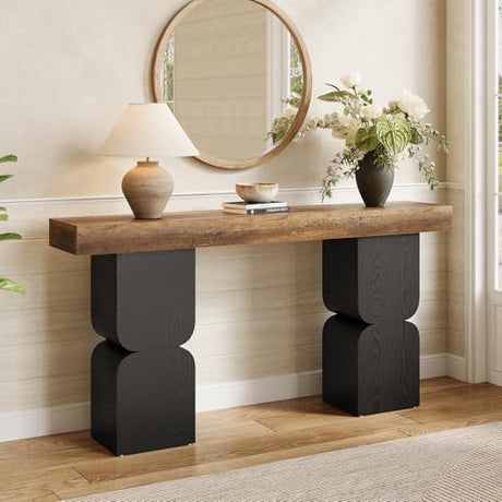 63-Inch Console Table, Heavy-Duty Look, Behind Couch Sofa Table, Color Blocking Design, Bold Structural Presence, Modern Entryway Furniture for Living Room, Hallway, Foyer, Brown + Black LITTLE TREE