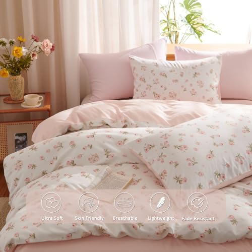 Erwinmu Floral Comforter Set Queen Size - 3 Pieces Pink White Floral Comforter Bedding Sets Reversible Pattern,Queen Bed in a Bag with Flowers Comforter and 2 Pillowcases Erwinmu