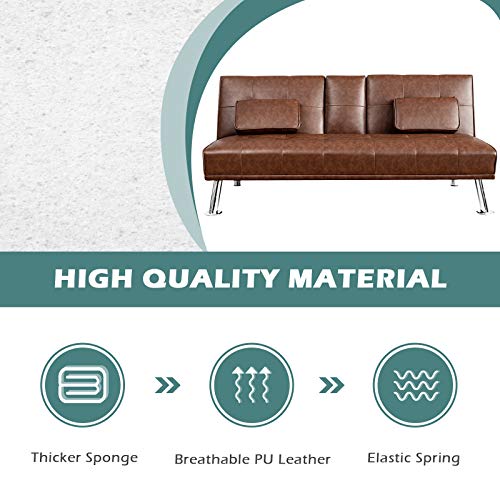Giantex Convertible Futon Sofa Bed, Faux Leather Sectional Couch Sleeper, Removable Armrests 2 Cup Holders Backrest Adjustable, Upholstered Small Guest Bed for Apartment Living Room Brown Giantex