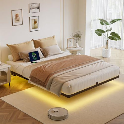 Decofy Full Size Floating Bed Frame with LED Lights and Charging Station, Modern Minimalist Design, No Spring Mattress Required, Easy to Assemble