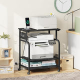 YAOHUOO 3 Tier Large Printer Stand with Power Outlet/Adjustable Storage Shelf, Rolling Cart with Wheels, Printer Table for Home Office 3D Printer/Heat Press/Laster, 22"×15" Black