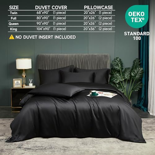 YASMENG Cooling Duvet Cover Full Set Black, 100% Viscose Derived from Bambo, Summer Soft Breathable Rayon Bedding Set for Hot Sleepers, Luxury Luxurious Silky Smooth Comforter Cover for All Seasons YASMENG