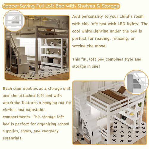 Harper & Bright Designs Full Size Loft Bed with Stairs and LED Lights, Wood Full Loft Bed with Storage Shelves and Wardrobe, Loft Bed Frame with Guardrails for Kids Girls Boys, White Harper & Bright Designs