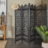 Deco 79 Wood Floral Handmade Partition Room Divider Screen Foldable Partition Carved 4 Panel Privacy Screen, Room Partition 80" x 1" x 72", Black Deco 79