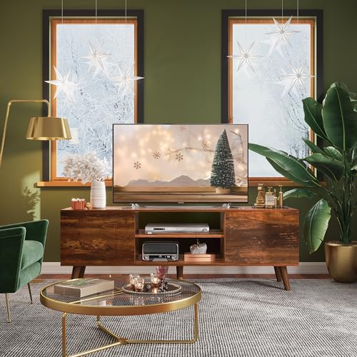 WLIVE TV Stand for 55 60 inch TV, Mid Century Modern TV Console, Entertainment Center with Storage for Living Room, Retro Brown WLIVE