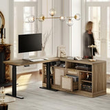 Perledesign Height Adjustable Electric Standing Desk, 48 x 24 Inches Sit Stand up Desk with 2 File Cabinets, AC/USB, 1.18" Desktop, L Shaped Rattan Computer Desk for Home and Office, Natural Oak Perledesign