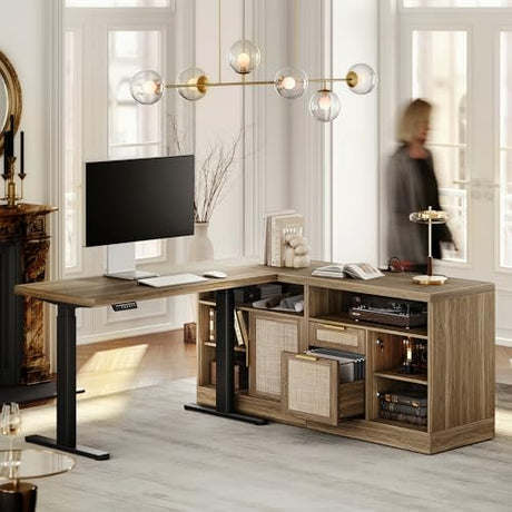 Perledesign Height Adjustable Electric Standing Desk, 48 x 24 Inches Sit Stand up Desk with 2 File Cabinets, AC/USB, 1.18" Desktop, L Shaped Rattan Computer Desk for Home and Office, Natural Oak Perledesign