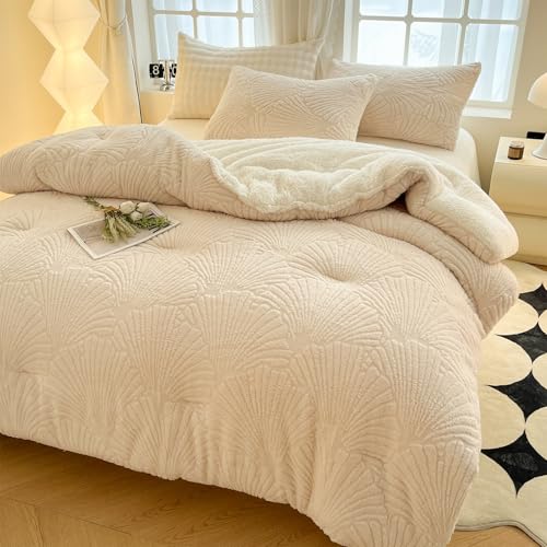 tohrisa Seashell Jacquard Sherpa Comforter Set Warm Cozy Premium Bedding 2 Pieces, Twin Size Geometric Pattern Quilt Comforter with 1 Pillowcases(68"X90" Ivory White) tohrisa