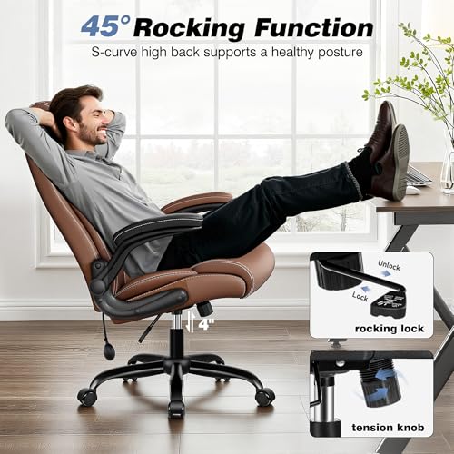 BESTFAIR Ergonomic Office Chair - Home Desk Computer Chair, Leather High Back Executive Chairs with Adjustable Lumbar Support & Flip-up Arms, Rocking Swivel Comfy, Brown BESTFAIR
