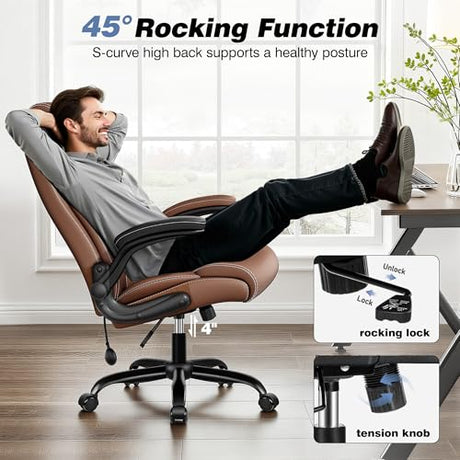 BESTFAIR Ergonomic Office Chair - Home Desk Computer Chair, Leather High Back Executive Chairs with Adjustable Lumbar Support & Flip-up Arms, Rocking Swivel Comfy, Brown BESTFAIR
