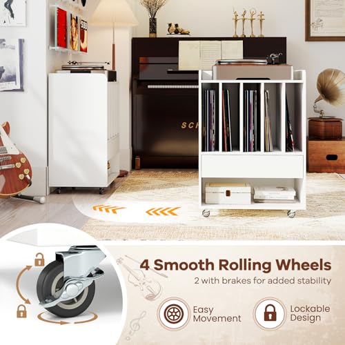 Giantex Record Player Stand, Rolling Turntable Stand with Drawer & Lockable Wheels, Record Player Table Holds Up to 150 Albums, Vinyl Record Storage for Living Room Bedroom, White Giantex