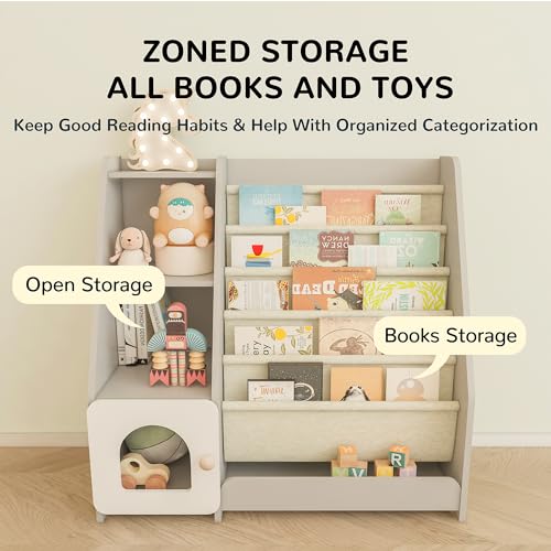 Montessori-Inspired 5-Tier Sling Bookshelf and Toy Storage for Kids - Grey Wooden Display Rack Generic