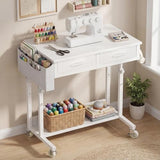 WINAZ Small White Portable Adjustable Rolling Kids Desk with Drawers & Storage Shelf, 32 Inch Mobile Standing Vanity Desks with Wheels, Couch Sofa Side Laptop Craft Table for Bedroom Home Office WINAZ