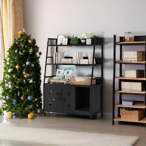 Recaceik Cat Litter Box Enclosure with Shelf Storage, Hidden Cat Washroom Furniture, Large Wood Cat Litter Box Furniture Hidden with Storage and Scratch, Fit Most of Litter Box, Black Recaceik