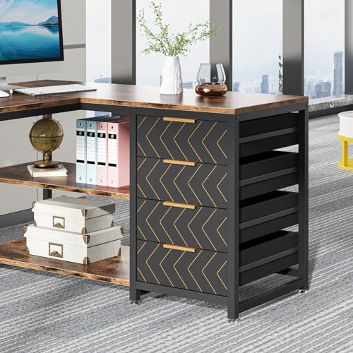 Tribesigns L Shaped Computer Desk with Storage Drawers, 59 inch Corner Desk with Shelves, Reversible L-Shaped Office Desk Study Writing Table Workstation for Home Office, Brown Tribesigns