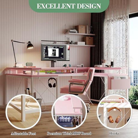 LALFPET U-Shaped Desk with Power Outlets & LED Lights - 79" Reversible Corner Computer Desk with Monitor Stand and Storage Shelf for Home Office, Gaming, and Two-Person Use, Pink LALFPET