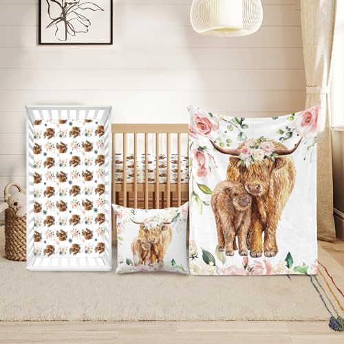 Duckbe Baby Crib Bedding Set - Highland Cow Design Nursery Bedding 3 Pcs Set - Chic Soft Blanket, Sheet, Pillowcase for Newborns Boys Girls Gifts Color25 Duckbe