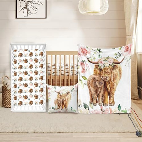 Duckbe Baby Crib Bedding Set - Highland Cow Design Nursery Bedding 3 Pcs Set - Chic Soft Blanket, Sheet, Pillowcase for Newborns Boys Girls Gifts Color25 Duckbe