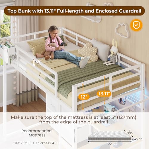 DICTAC Twin Size Loft Bed with L-Shaped Desk and 7 Storage Drawers,Metal Twin Loft Bed for Kids with LED Lights and Charging Station,13.11" H Safety Guardrail and Ladder,No Box Spring Needed, White DICTAC