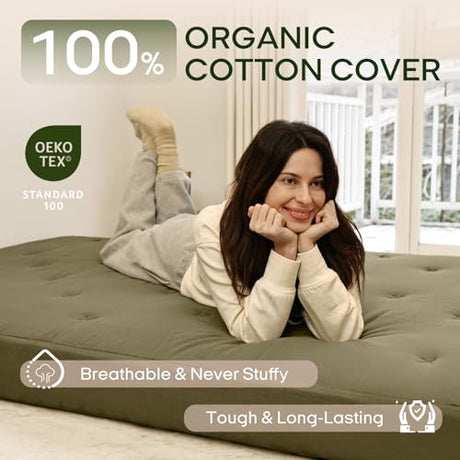 ZonLi Japanese Floor Futon Mattress Full Size 54"x75"100% Cotton Cover 6''Thicken Tatami Mattress,Foldable Sleeping Pad,Portable Dormitory Tatami Mat,Roll Up Floor Lounger Bed for Adult (Winter Moss) ZonLi