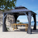 Raysfung 10 X 10ft Hardtop Gazebo, Galvanized Steel Double Roof Gazebo with Nettings and Curtain Outdoor Aluminum Frame Vertical Stripes Roof Permanent for Patio, Backyard, Lawns Raysfung