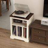 RowyPoey Farmhouse Record Player Stand, 3 Tier End Table, Turntable Stand with Vinyl Record Storage, Wood Record Holder Cabinet Dispaly Shelf for Living Room,Bedroom,Office,Antique White RowyPoey