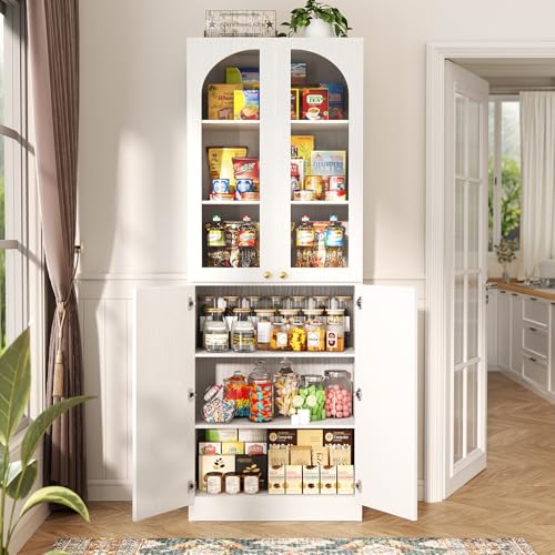 Cyclysio 80" Kitchen Pantry, Tall Arch Storage Cabinet with Tempered Glass Doors, Freestanding Wood Floor Cupboard Bookcase with Seamless Fit Wall for Dining Room, Living Room, Bathroom (White) Cyclysio