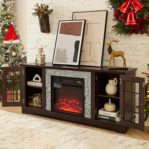 Hennhari TV Stand with Electric Fireplace & Storage Cabinet, Entertainment Center with 2 Glass Door, Faux Stone Media Console Table for Living Room (Cherry,58" with Fireplace) Hennhari