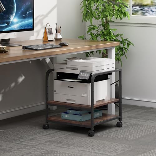 Fannova Under Desk Printer Stand, 20 Inches Deep Large Printer Table with Height Adjustable Storage Shelf, 2 Tier Rolling Printer Cart with Wheels for Home Office - Rustic Brown - WoodArtSupply