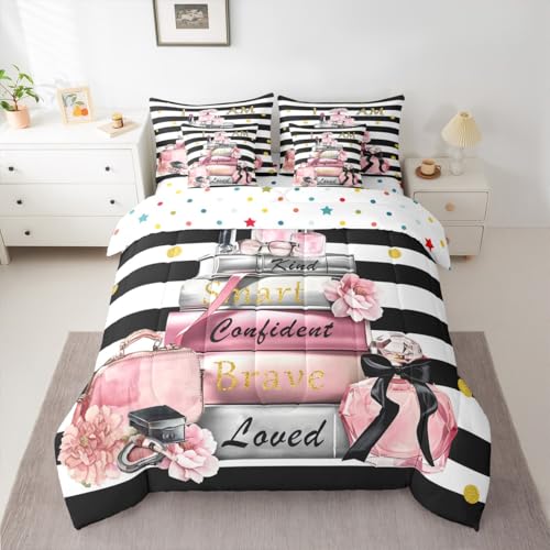 Erosebridal Pink Fashion Comforter Set with Sheets Full for Girls Girly Modern Inspirational Quotes Women Abstract Black White Stripes Bed in a Bag Books Floral Perfume Makeup 7 Piece Bedding Set Erosebridal