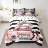 Erosebridal Pink Fashion Comforter Set with Sheets Full for Girls Girly Modern Inspirational Quotes Women Abstract Black White Stripes Bed in a Bag Books Floral Perfume Makeup 7 Piece Bedding Set Erosebridal
