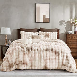 Wonderful 3 Pieces Fluffy Faux Rabbit Fur Bubble Comforter Set King Size, Tie-Dyeing Beige Plush Fuzzy Bedding Set, Warm Soft Bubble Comforter Bedding Set for Winter Wonderful